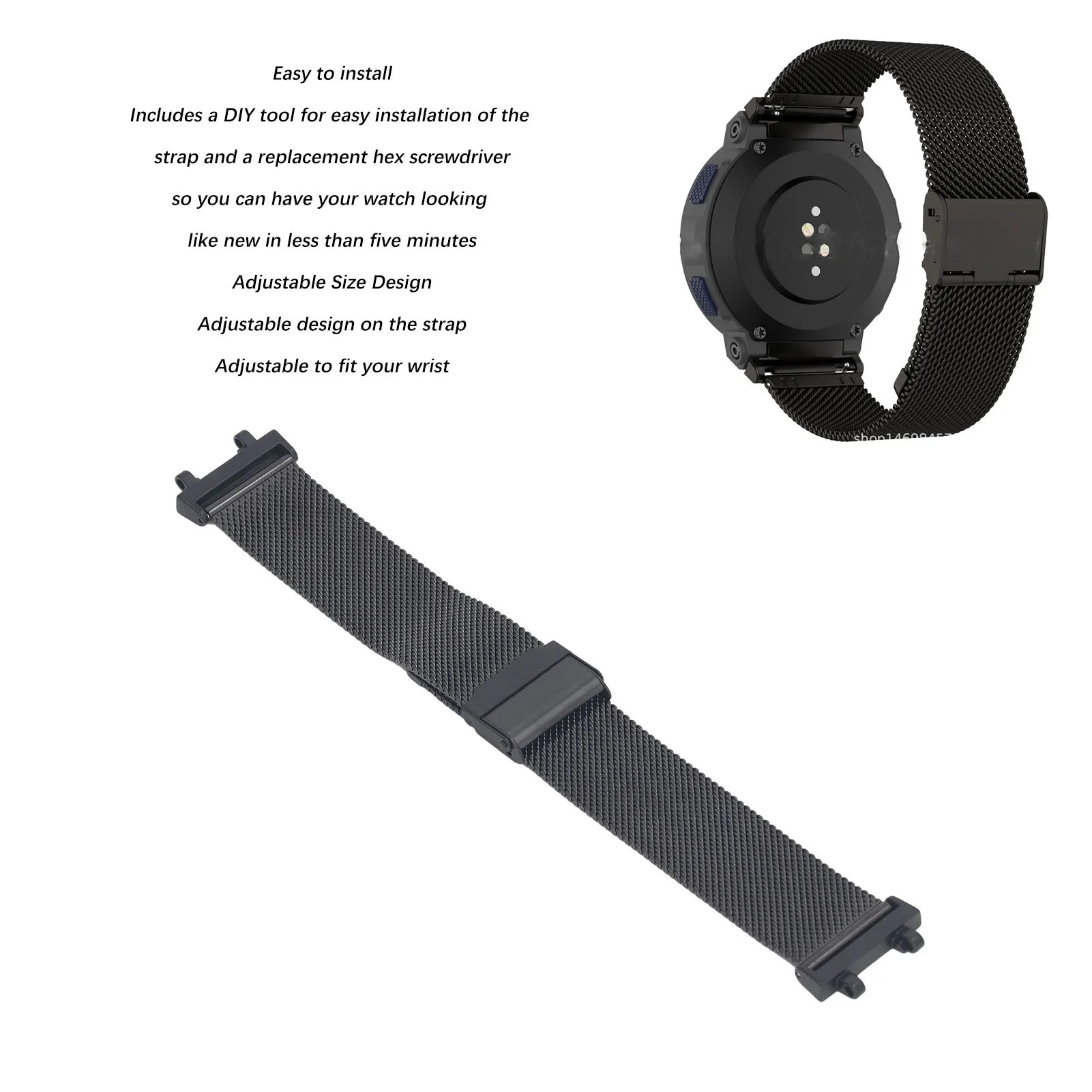 

Mesh Watch Band Professional Stylish Simple Polished Adjustable Metal Watch Strap with Buckle for Amazfit Active Edge A2212Black