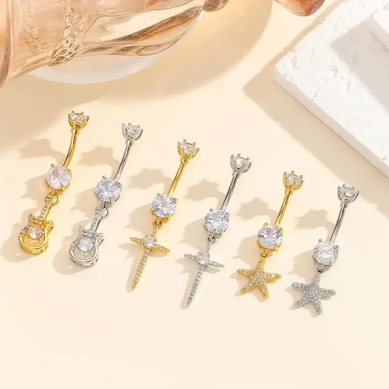 Ciondolo croce stella marina con zirconi chic; Anello bilanciere per ombelico da donna; Regalo di gioielli per piercing all'ombelico sexy