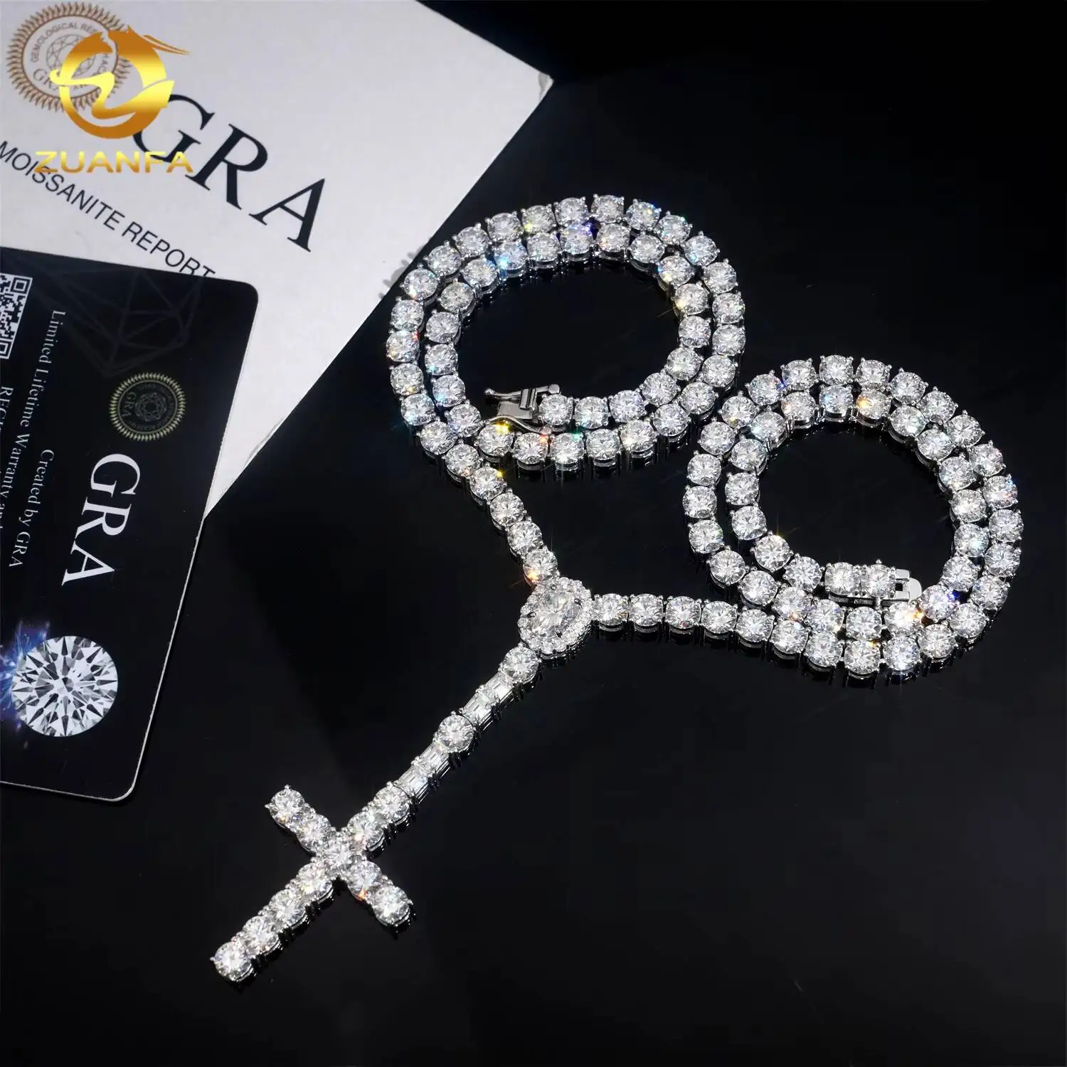 S925 necklace Moissanite New Design Pass Diamond Tetser 5mm Tennis Necklace with Cross Pendant 925 Silver Moissanite Diamond