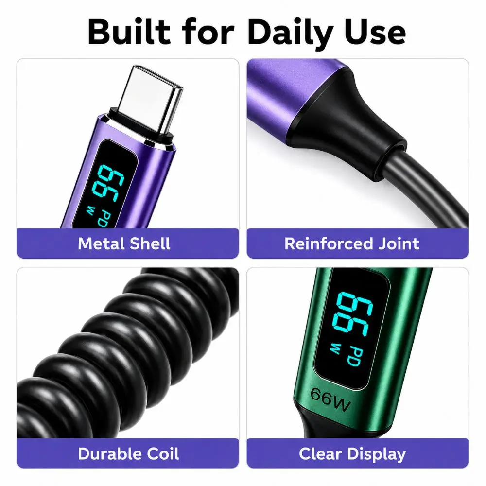 66W USB-A to USB-C Cable Real-Time Display 3A Digital Display Line Aluminum Alloy Data Transfer Coiled Charging Cord