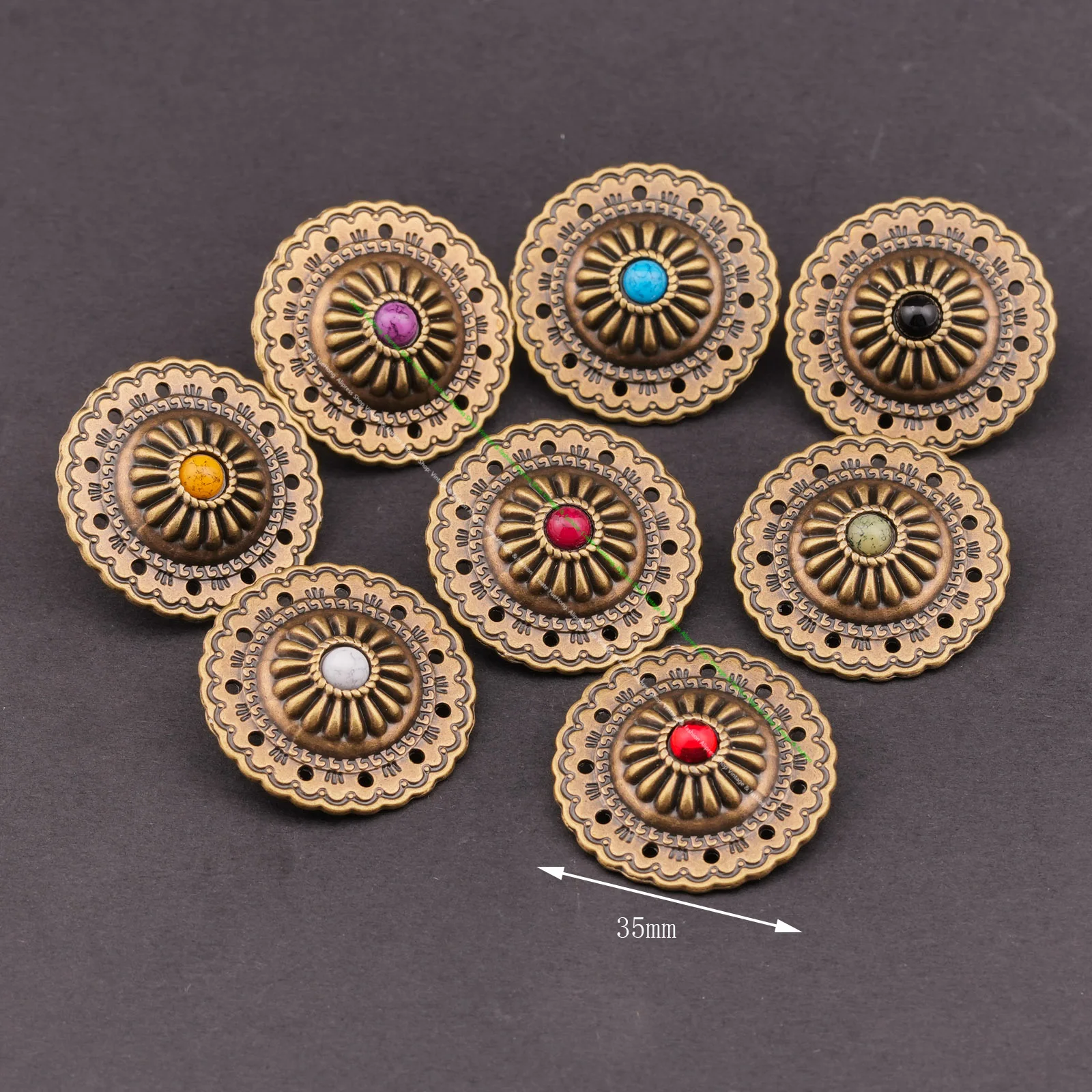 10Pc 35Mm Western Bohemian Bronze Turquoise Floral Concho Buttons Screwback for Leathercraft Belt Saddles Diy Decorative Rivets