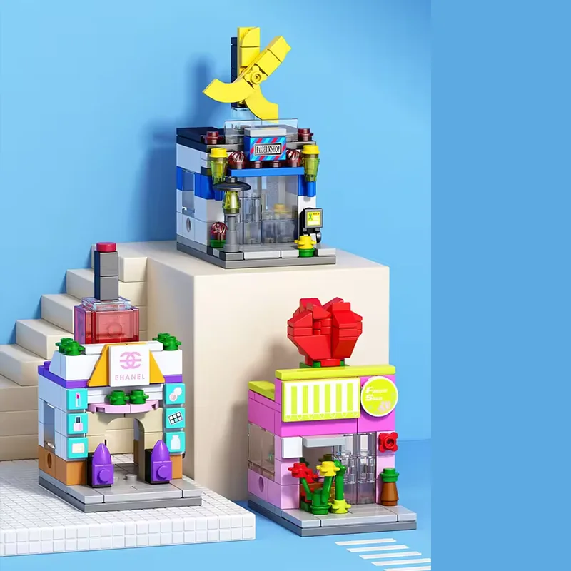 Mini Street View Building Blocks Small Store Bricks Set Coffee Shop Flower Shop ABS Plastic Toys for Kids Adults Decoration Gift