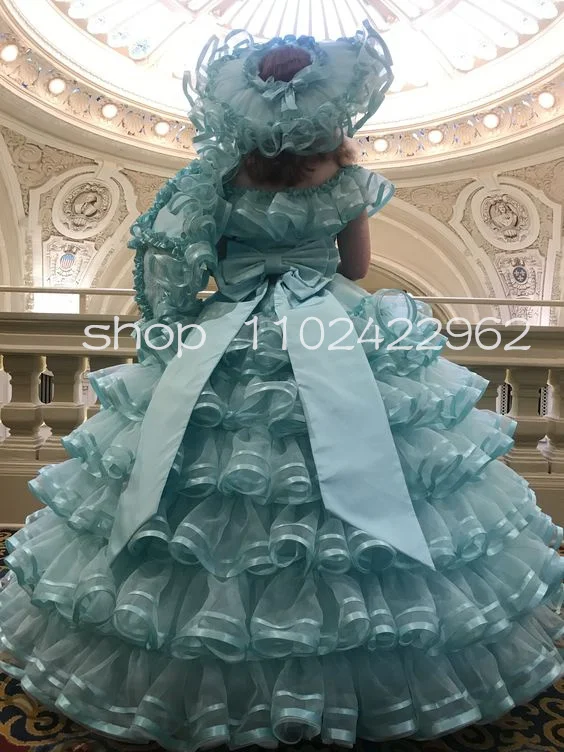 Vestidos de Quinceañera de princesa verde menta de la historia, falda escalonada con volantes de lujo, Bustle, vestido de graduación victoriano histórico dulce 15