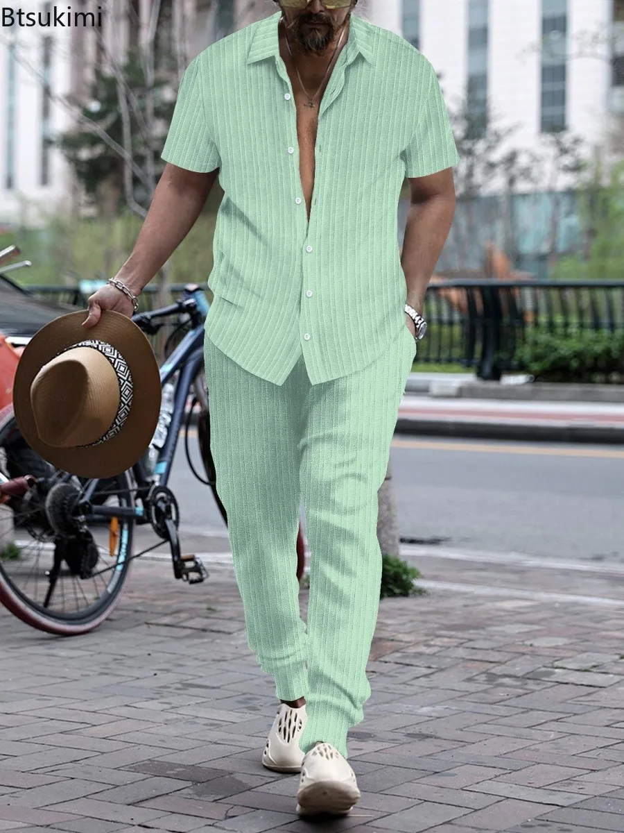 Men's Summer 2PCS Sets Jacquard Striped Short Sleeve Shirts and Shorts Men Casual Holiday Beach Wear Pants Suits Shirts Sets New view 4
