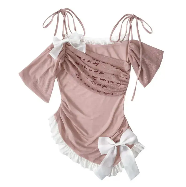 

Blue Pink Contrast Color Elastic Mesh Blouse New Summer Womens Sweet Irregular Hem Ballet Style Top Strapless Short Sleeve Shirt
