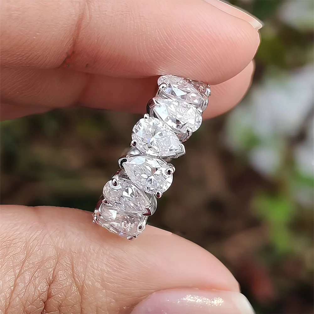 Waterdrop Moissanite Eternity Band Pear Cut Full Diamond Wedding RingsCertified S925 Silver Stackable Wedding Ring for Women Men
