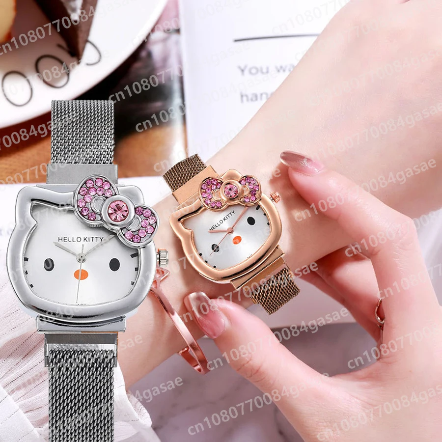 

Sanrio Hello Kitty Anime Magnetic Strap Diamond Watch Cartoon Wristwatch Women's Simple Watch Kawaii Clock Kid Gift