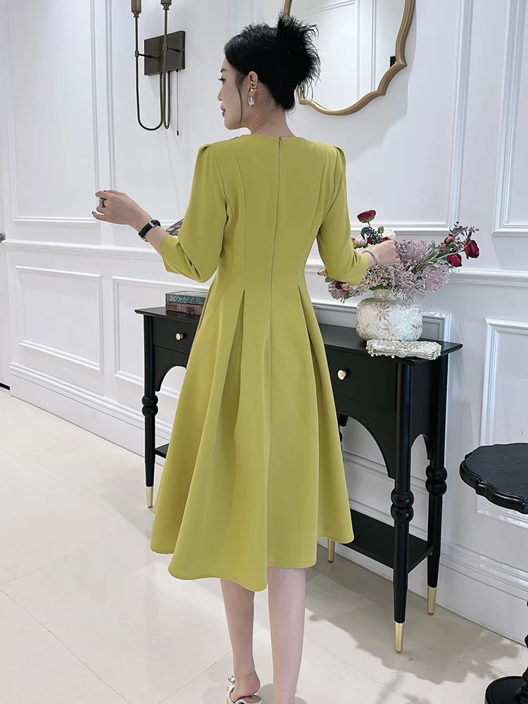 ZJYT Elegant Diamonds O Neck Simple Party Dress Women 2024 Fashion Spring Three Quarter Sleeve Aline Dresses Casual Daily Pink