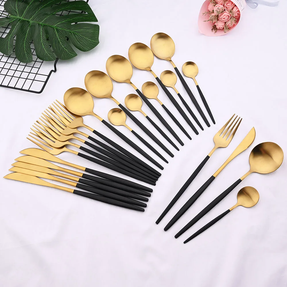 

24Pcs Matte Stainless Steel Dinnerware Set Black Gold Cutlery Knife Fork Spoon Tea Spoon Western Flatware Wedding Tableware Set