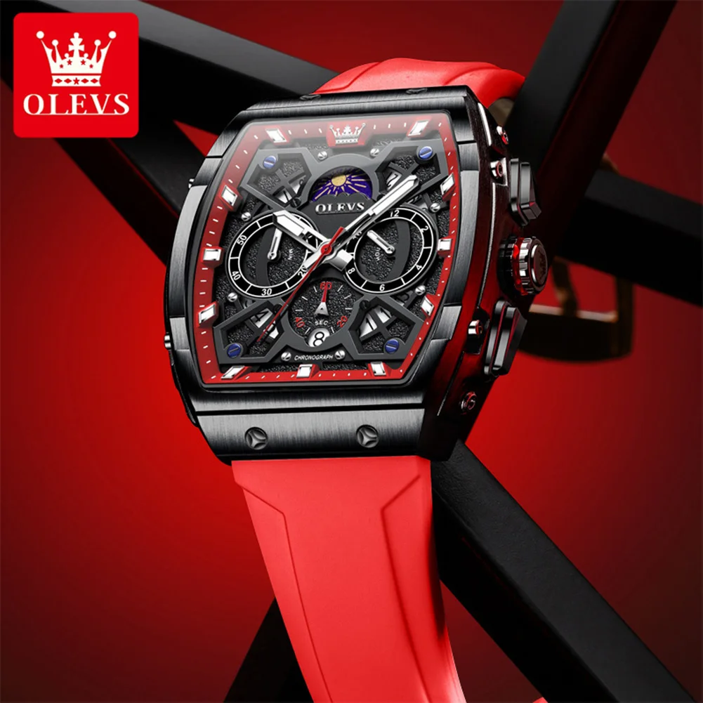 OLEVS 2942 Fashion Quartz Movement Men Watch Moon Phase Dial Night Light Function 30m Waterproof Sport Style Single Calendar Window Watch