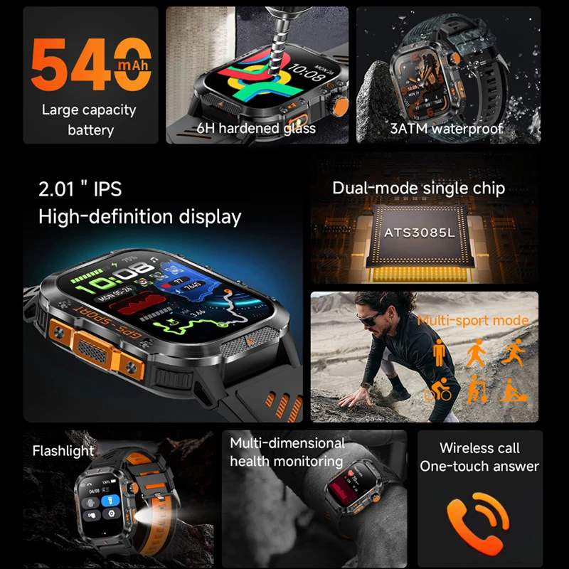 2025 العلامة التجارية الجديدة في الهواء الطلق العسكرية لتحديد المواقع ساعة ذكية 2.01 "AMOLED شاشة IP69K مقاوم للماء البوصلة بلوتوث دعوة الرياضة سوار السباحة
