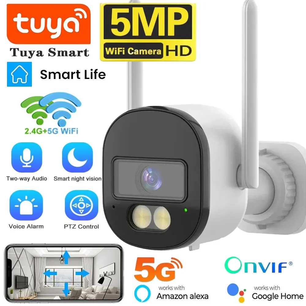 

Tuya 5MP Bullet Camera Outdoor 2.4G/5G Dual Band Wifi Security Camera Color Night Vision Surveillance Support Onvif Two Way Talk