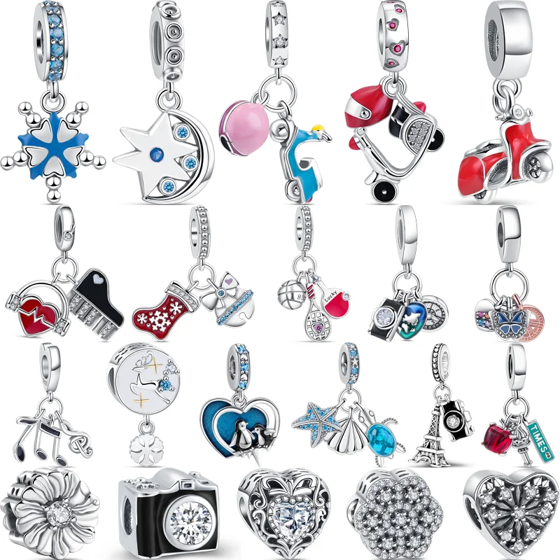 Fit Original Pandora Charms Bracelet DIY 925 Silver Camera Heart Compass Triple Dangle Charm Scooter Helmet Headset Piano Beads