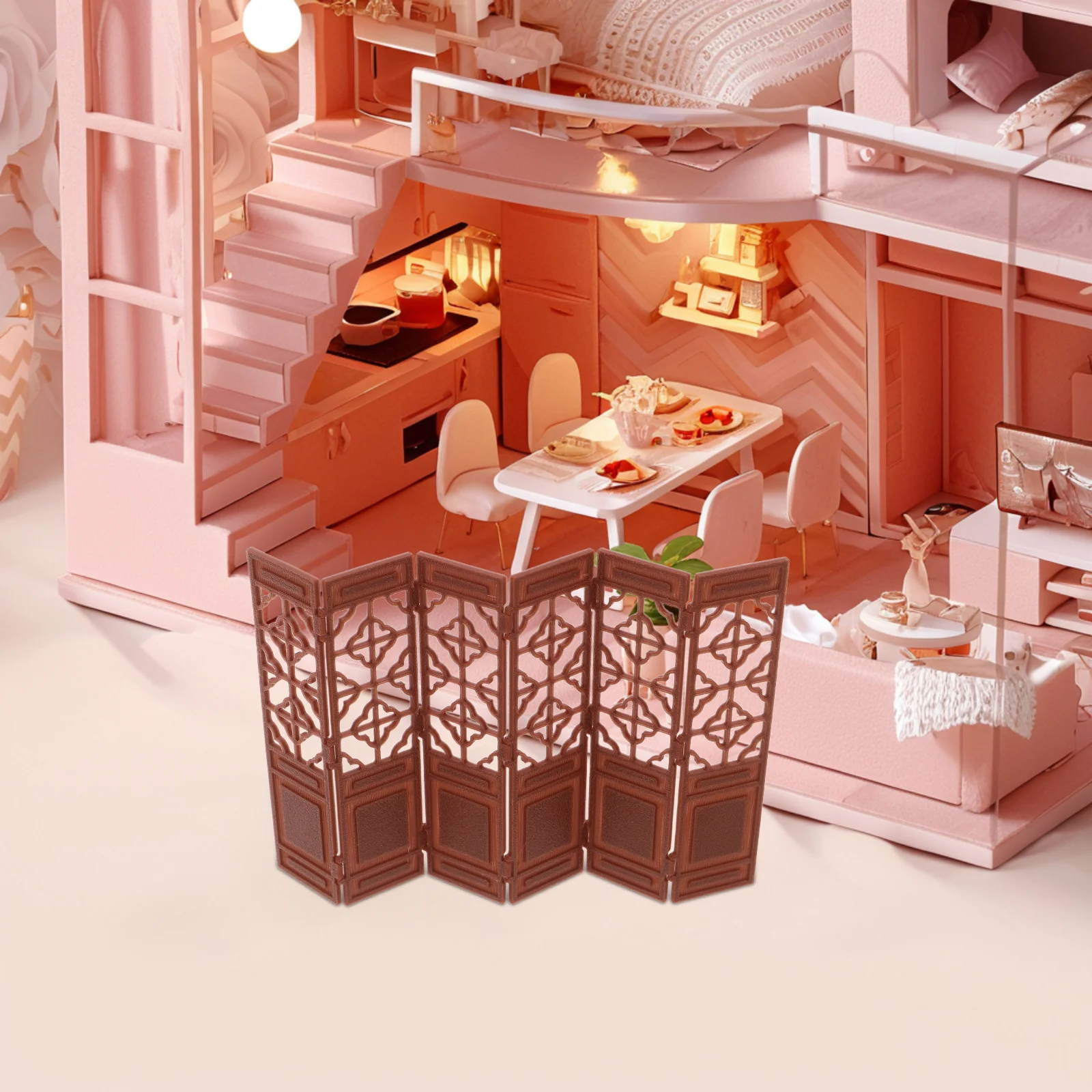 

Mini Chinese Folding Screen 1:20 Size Brown - Plastic Miniature Screen Divider for Dollhouse Kitchen Living Room Bedroom Desktop