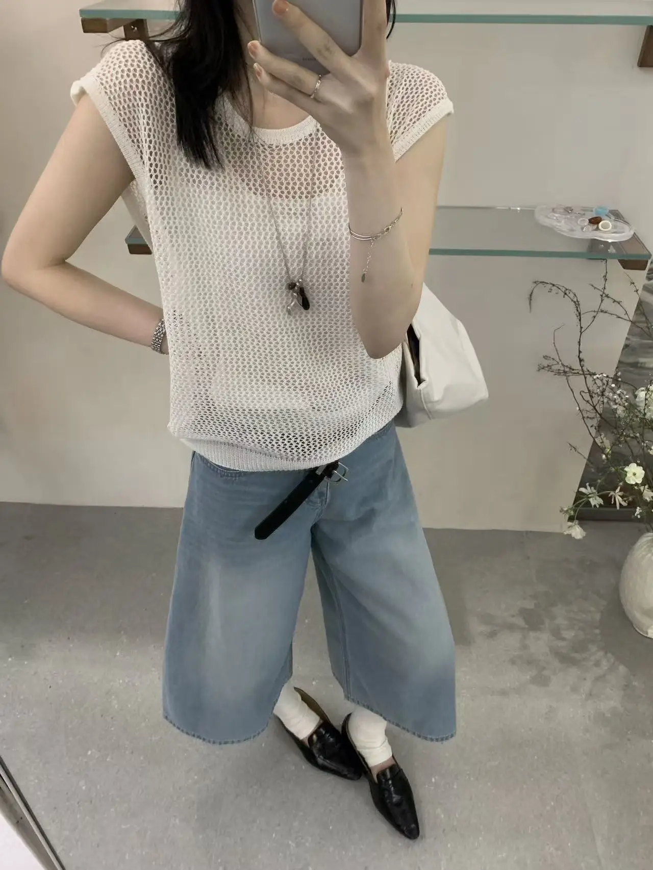 

Вязаный жилет для похудения с ажурным дизайном, комплект из двух предметов, стиль Lilian Mr Meet, повседневный, удобный, модный женский топ.