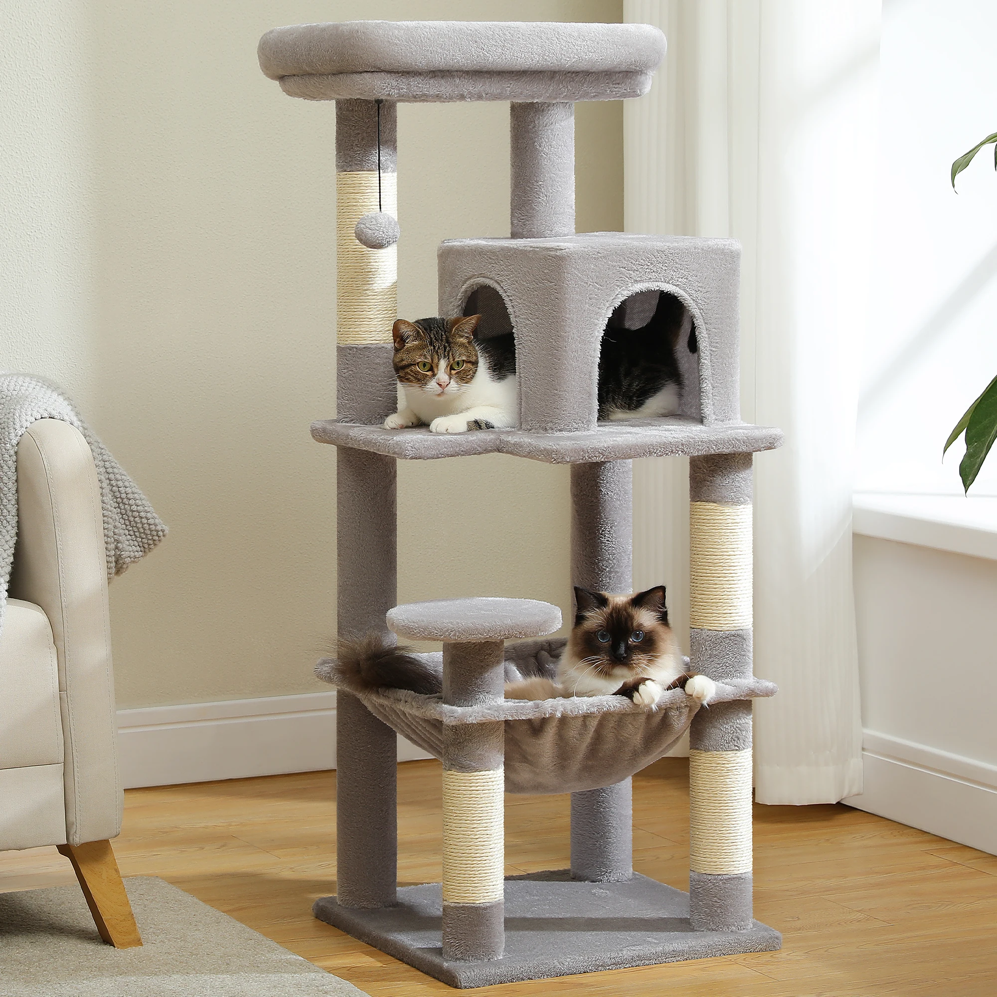 116cm High Cat Tree, 5-Tier Cat Tower, Durable Metal Hammock (44x39cm), Oversized Perch (47x33cm), 4 Sisal Scratching Posts