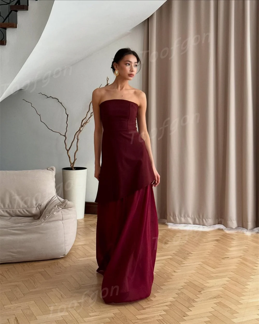 Toofgon Strapless Burgundy A Line Prom Dresses Satin Chiffon Formal Prom Party Dresses Side Slit Special Occasion Customized