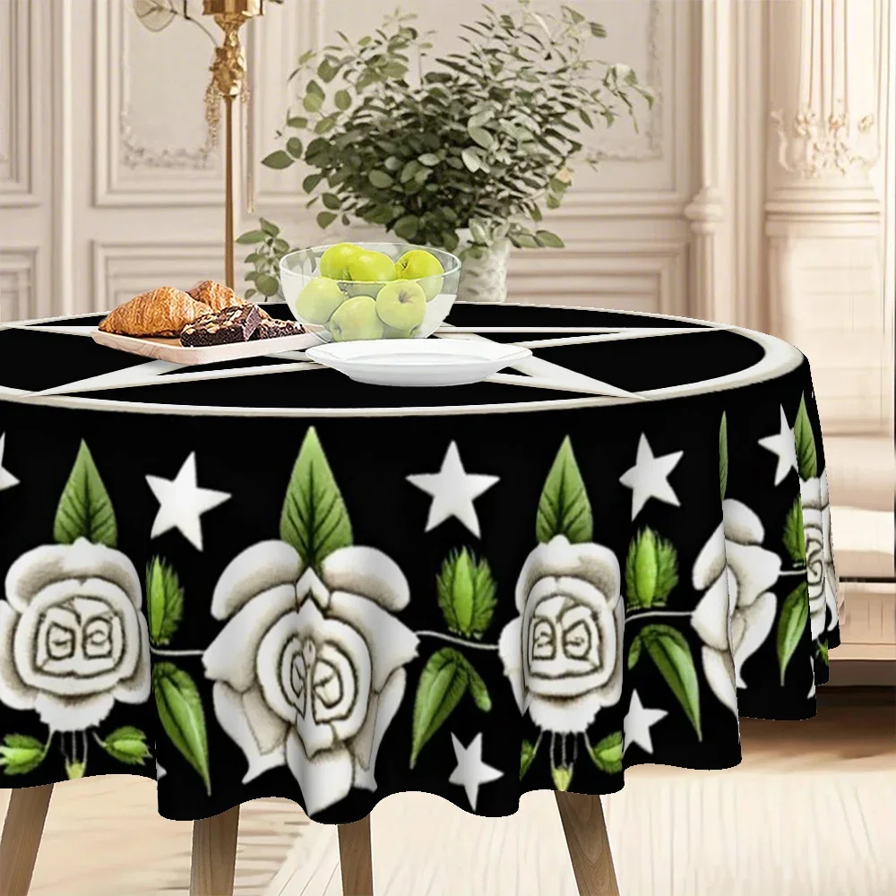 One Gothic five-pointed star and rose five-pointed star tablecloth - black and white witchcraft design round table cover,