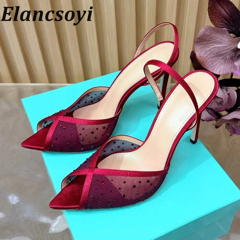 Sandals Women's High-Heeled Rhinestone Decorated Mesh Sandals Solid Color Elegant Summer High Heels Banquet Fashionable Shoes