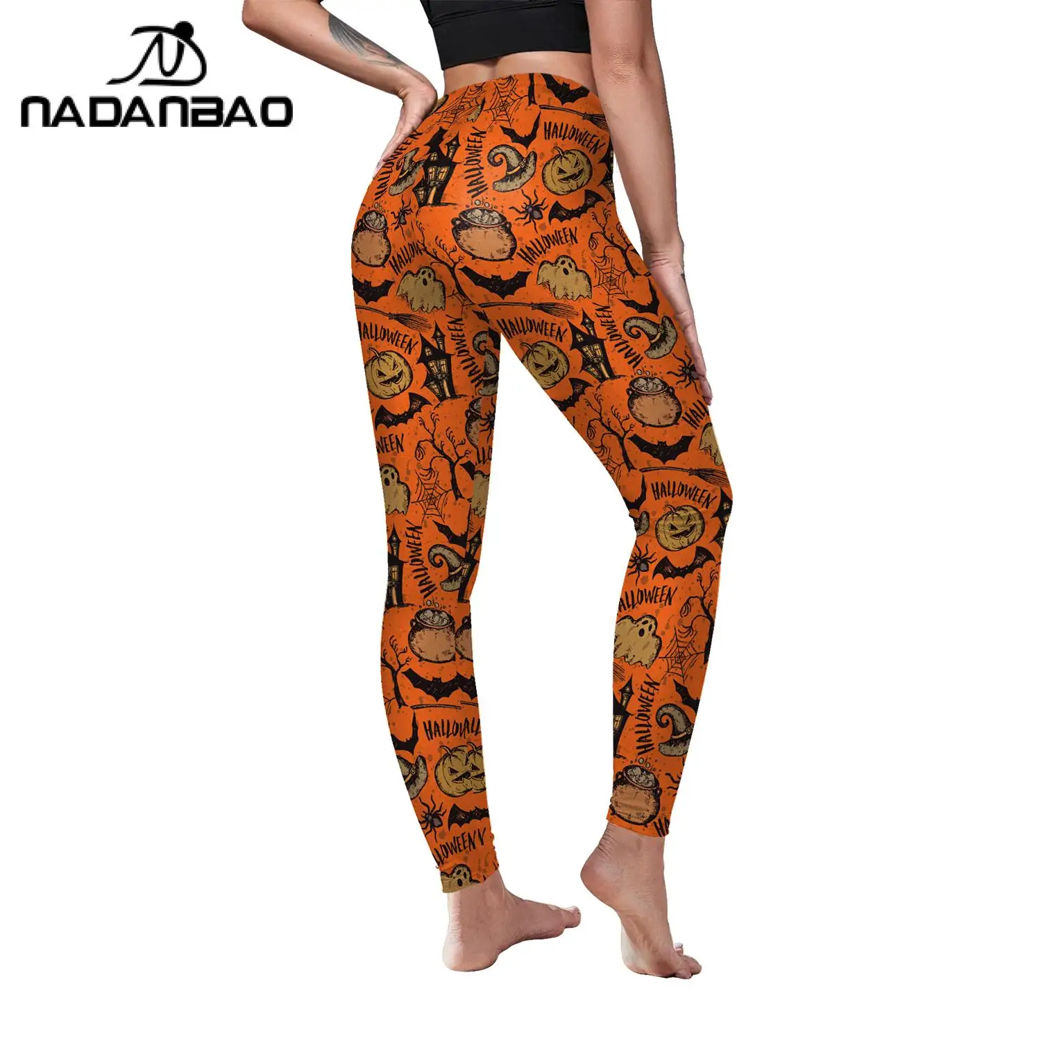 Nadanbao Nadanbao Halloween Pumpkin Elements 3D Print Women's Leggings Skinny Pants Sexy High Waist Trousers Winter Warm Pants