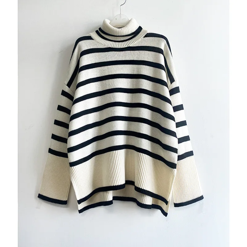 

European Simple style Women Turtleneck StrIped Wool Sweater for Winter Lady Loose Knitted Pullover Top Niche New Style