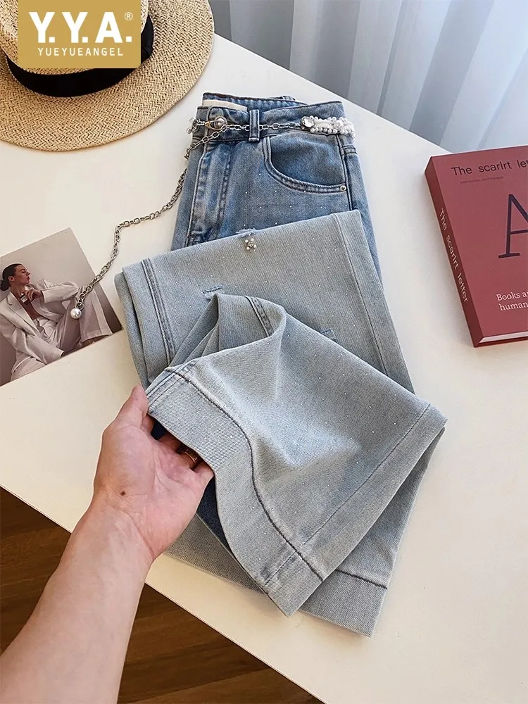 Vintage Women High Waist Hole Ripped Diamonds Wide Leg Pants Autumn Slim Fit Casual Straight Denim Pants Streetwear Female Jeans