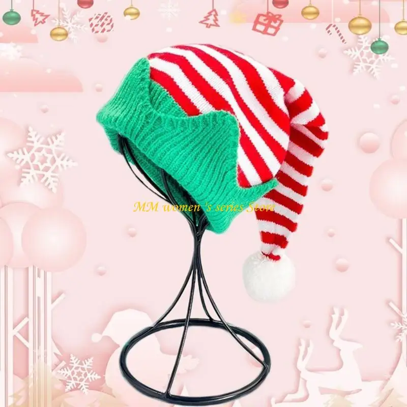 Q39C Cheerful Elf Hat with Pompoms Knitted Hat Slouch Christmas Headwear