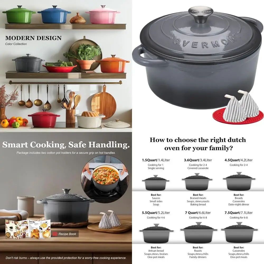 

7-Quart Enamel-Coated Cast Iron Dutch Oven Set with Lid and Cotton Potholders - Durable Cookware for Braising, Stewing, Roasting