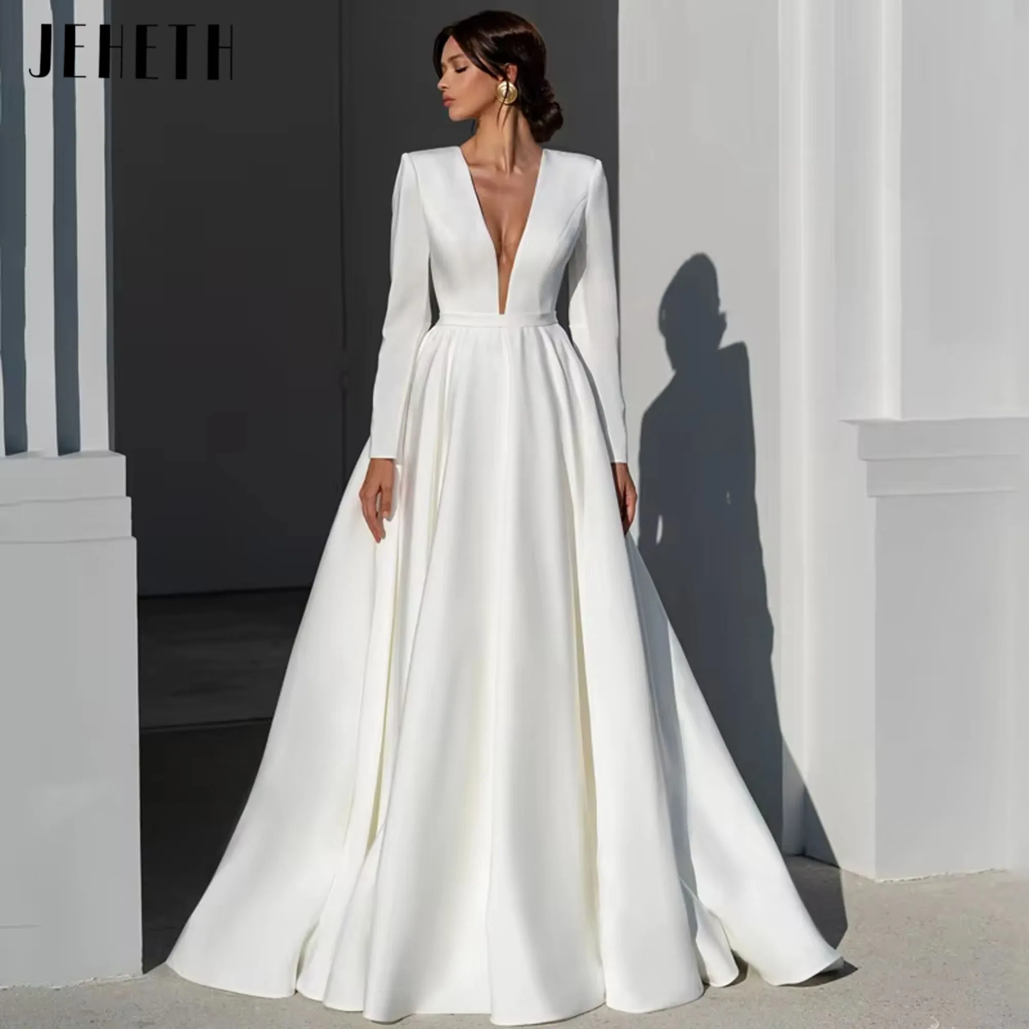 JEHETH 2025 suknie ślubne o linii A dekolt w serek sukienka z długim rękawem Boho plaża Backless księżniczka wesele wieczorowe suknie na bal maturalny dostosowane JEHETH 2025 Sukienki ślubne A-line Sukienka z długim rę