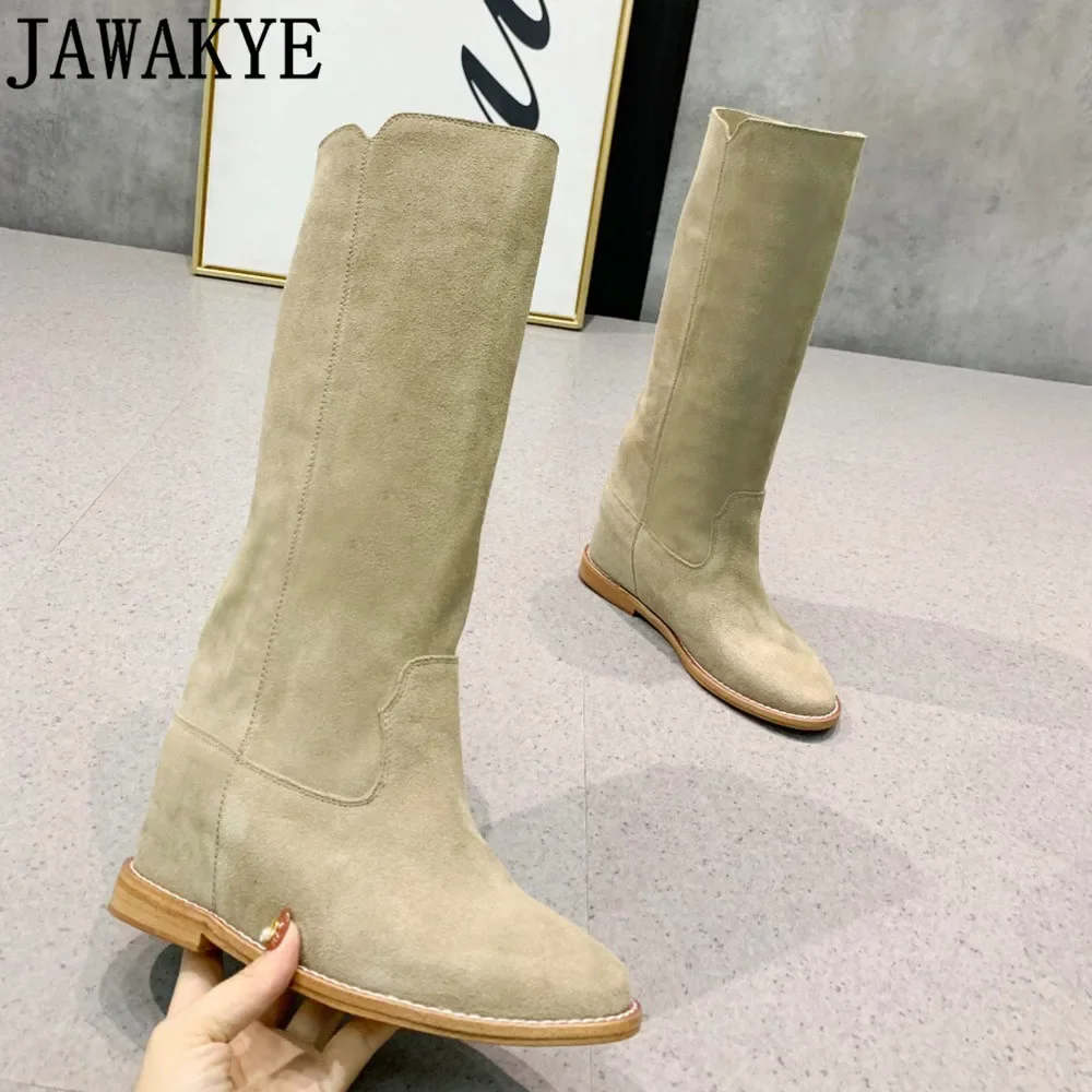 Winter New arrival knee high boots Women's inner wedge High Heel Knight Boots Camel Black Suede Leather Knee Boots Runway 2022