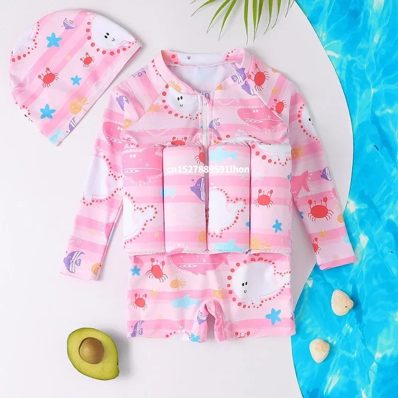 1-6T Children's Buoyancy Swimsuit Cartoon Swimwear Kid One-Piece Floating Rash Guards Bathing Clothes Boys Girls Swimming Suits