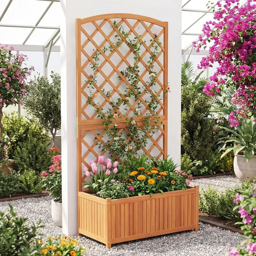 Raised Wooden Garden Bed with Trellis, 63 Tall Planter for Elevated Herbs and Climbing Plants, Ideal for Balcony and Patio.