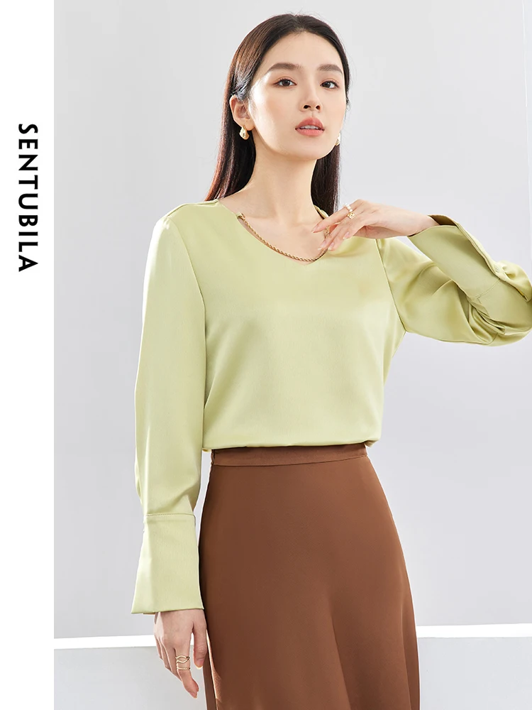 SENTUBILA Green Satin Blouse for Women 2024 Spring Autumn Elegant Chain V Neck Long Sleeve Simple Solid Womens Tops 141V52960