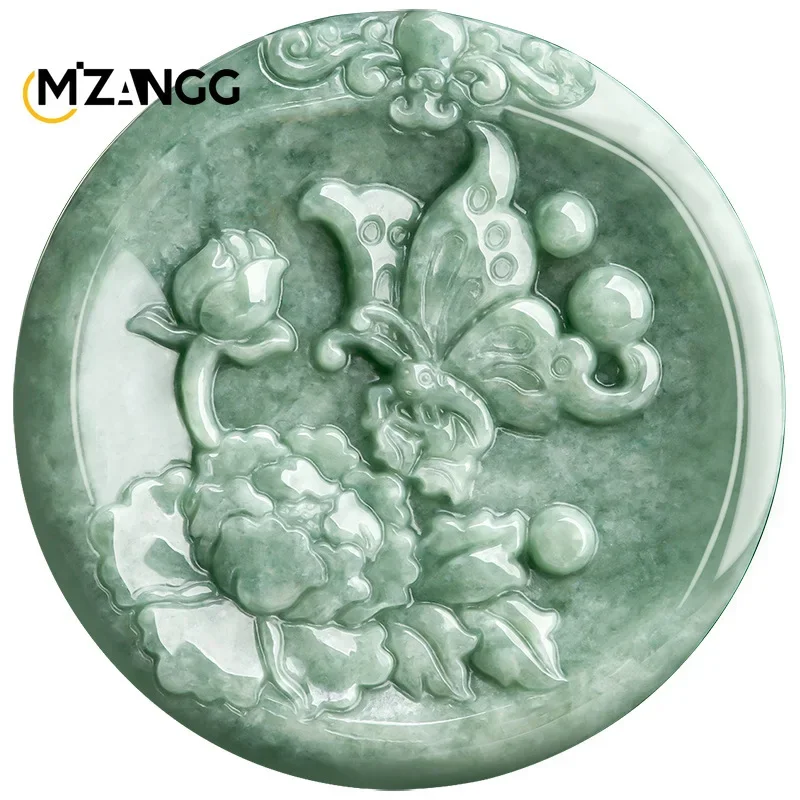 Authentic Natural A Goods Jadeite Butterfly Peony Open Rich Pendant Bean Green Ice Women\'s Jade Necklace Fashion Luxury Jewelry