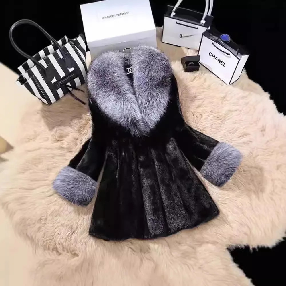 Medium And Long Coat Imitation Mink Imitation Fox Hair Big Fur Collar Slim And Thin