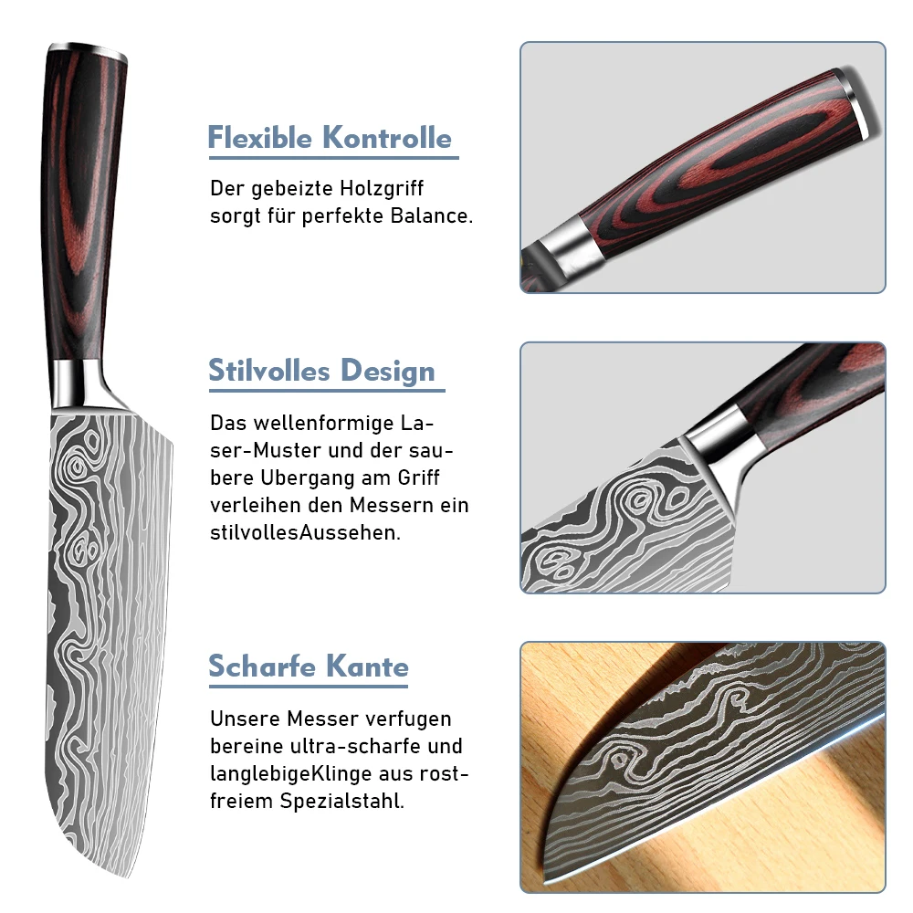 ZENG Küchenmesser-Set mit Lasermuster, Kochmesser, ultrascharfes Santoku-Schneidemesser, ergonomischer Holzgriff in Farbe, Kochmesser – Detail 8
