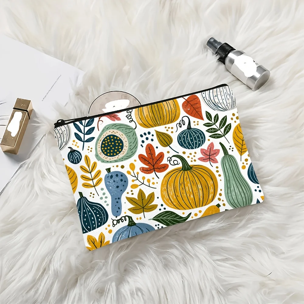 Fall Pumpkin Gourd Maple Leaf Print Makeup Bag Cosmetic Pouch Portable Travel Toiletry Bag Autumn Thanksgiving Gift for Women
