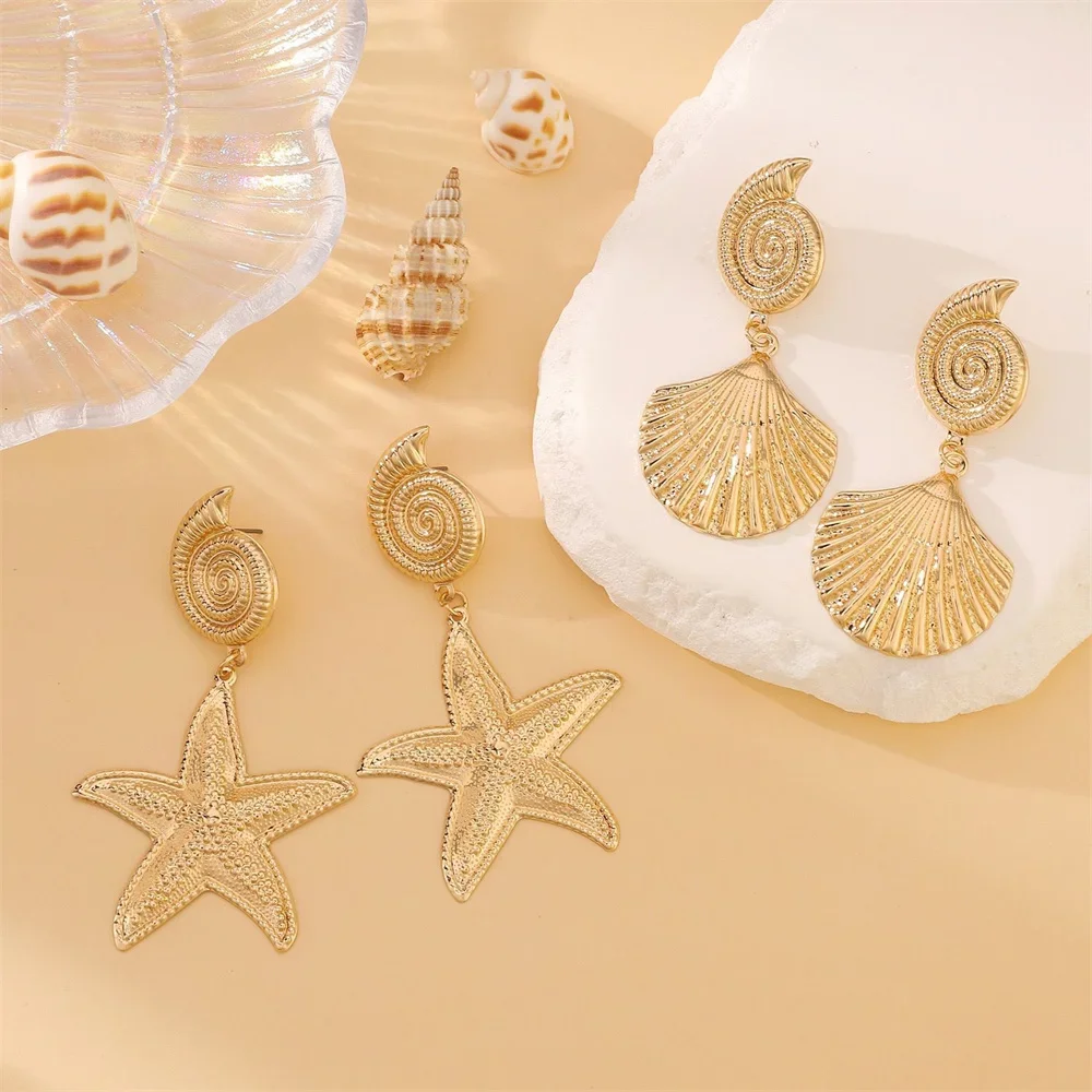 Geometria Sandy Beach Metal Shell Conch Starfish orecchini pendenti per le donne regalo di gioielli placcati in oro Boho moda Vintage femminile