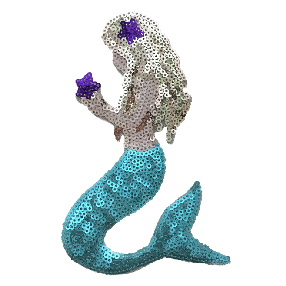 1 Set( 1 Large+2 Small)Mermaid Sequined Iron on Patches for Clothes Bags DIY Sewing Large Sea-maid Sequins Applique Patch