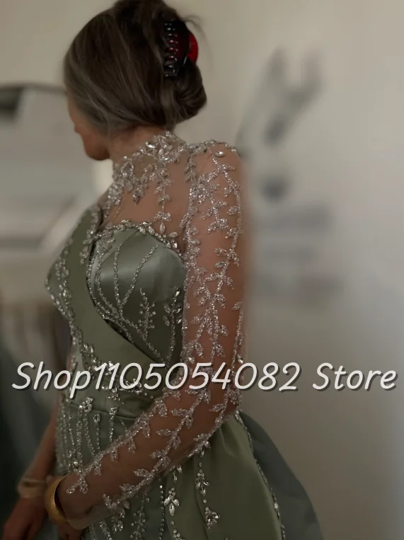 Blue Gorgeous Sparkling High Neck Wedding Dress Arabian Long Sleeve Beaded Studded Ruffled Trailing Floor Length Bridal Wedding