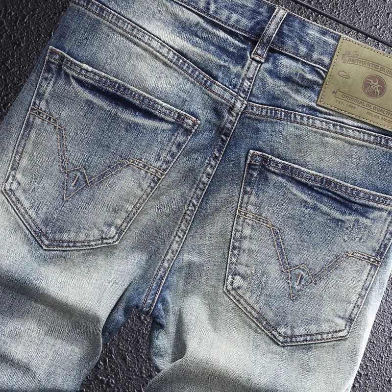 Italian Style Fashion Men Jeans High Quality Retro Blue Slim Fit Vintage Jeans Men Casual Trousers Designer Denim Pants Hombre
