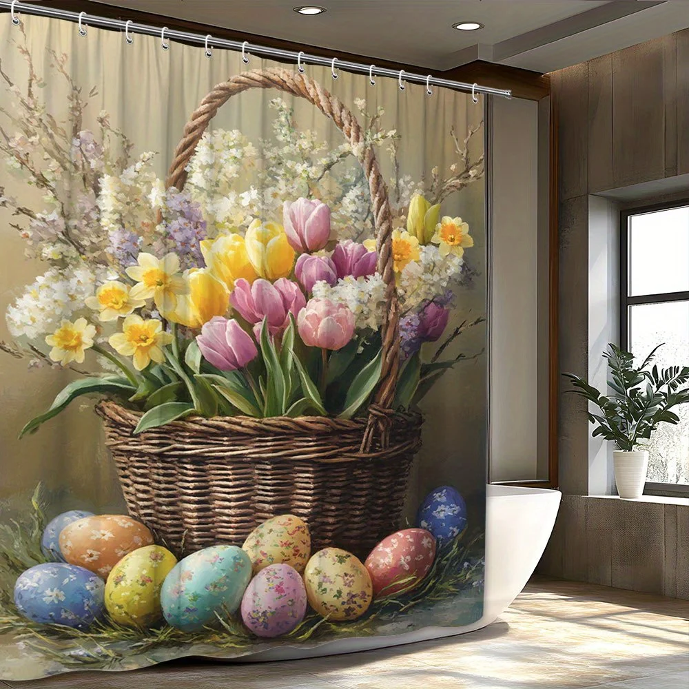 An Easter Delight Shower Curtain: Bring the Joy of Spring into Your Bathroom with This Stunning Design Featuring a Basket