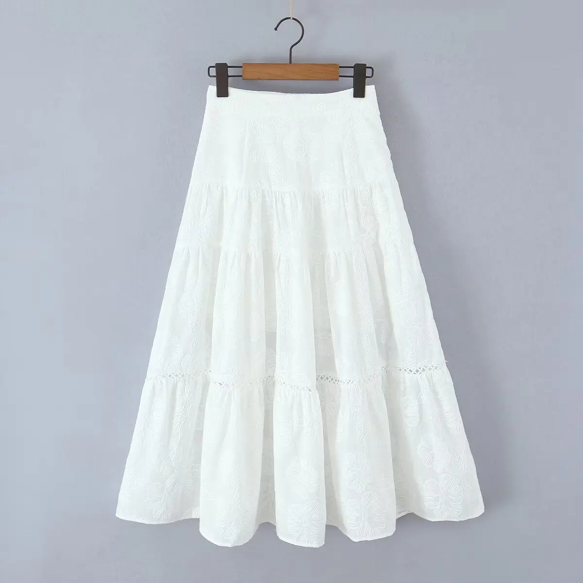 Dave&Di French Country Lazy Cotton Embroidered Skirt Minimalist White Holiday Casual High Waist Midi Skirt Women