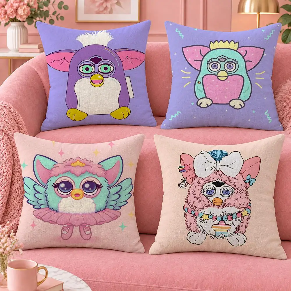 Toy Retro Interactive Furby Cushion Cover Cute Cartoon Throw Pillow Cover Soft Plush Cushion Cover Sofa Bedroom Home Decor