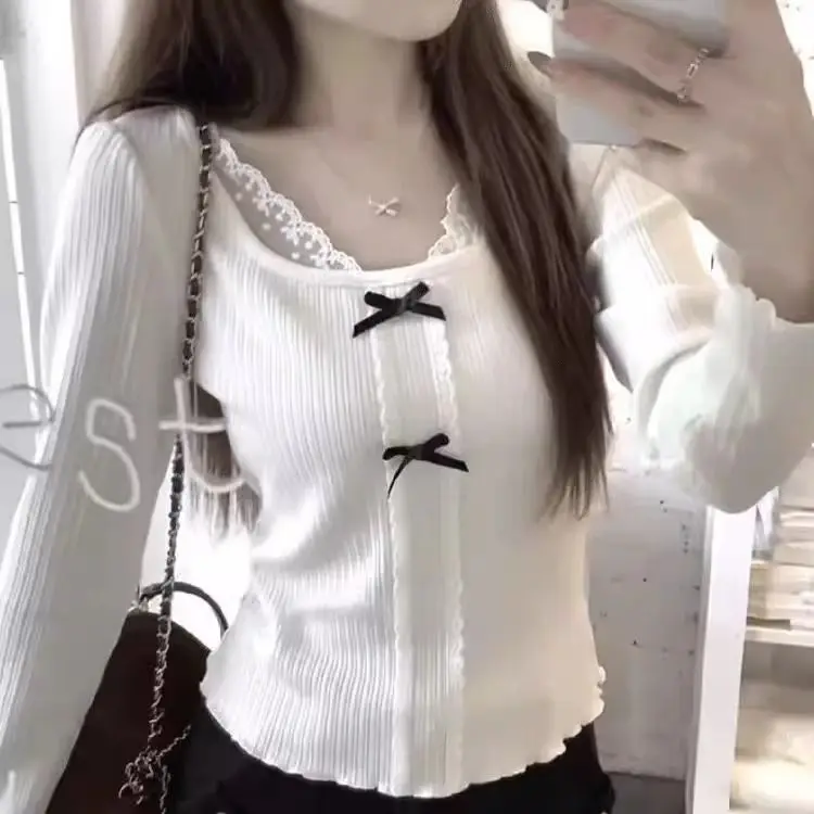 

Lace U Collar Splicing Inner Bottom Top Slim Fit Bow Long Sleeve Autumn Winter