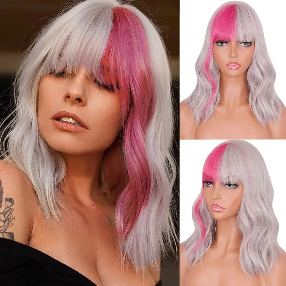 Short Wavy With Bangs Half Rose Purple Half Gray Synthetic Fashion Wigs