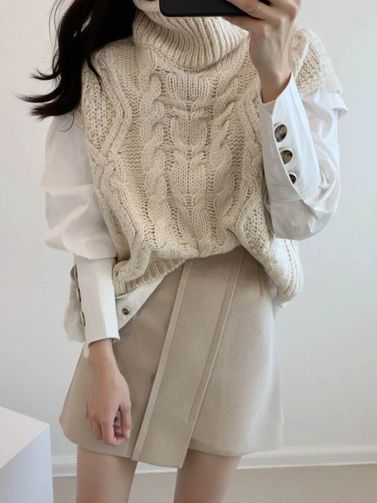 

High Collar Svel Knitted Sweater Vest Women's Winter Faion Layering Loose Versatile Thermal Color Commute Sle