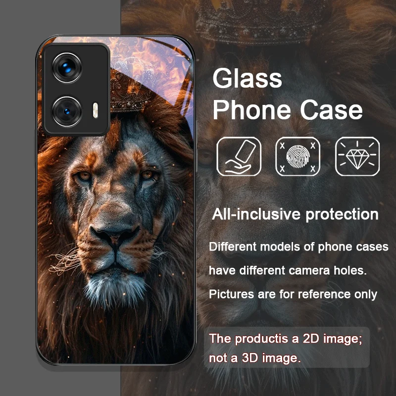 Luxurious Lion Pattern Tempered Glass Phone Case for Motorola Moto Edge 50 Fusion 40 Neo 30 Pro G85 G84 G75 G55 G54 Back Covers view 4