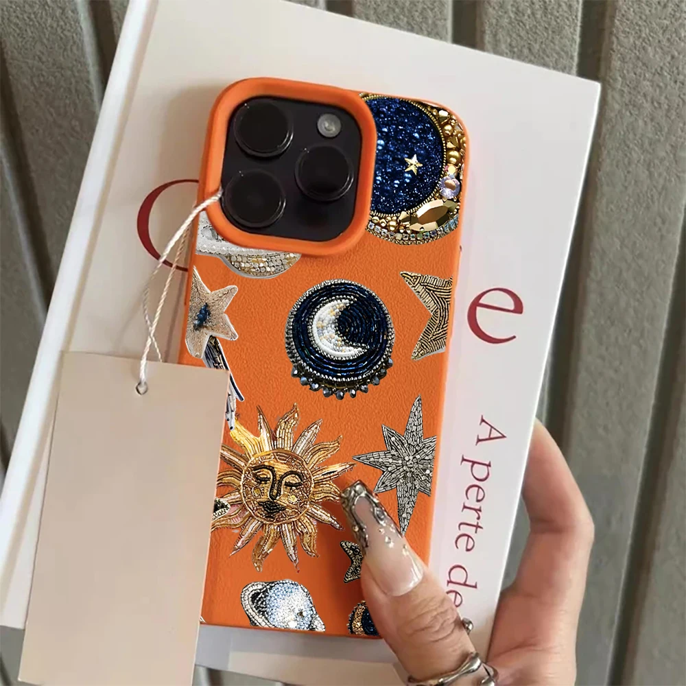 Sun Moon Star Lychee Texture  Case For iPhone 17 16 15 14 13 12 11 Pro Max Boho Celestial Astrology Shockproof Soft TPU Cover view 3