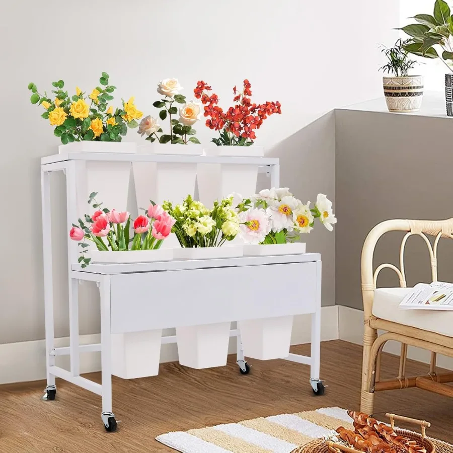 حامل عرض زهور من طبقتين مع 6 دلاء عربة زهور متدحرجة شديدة التحمل مع عجلات للاستخدام الداخلي والخارجي نبات متين #3